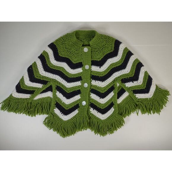 Vintage Handmade 1970s Crocheted Toddler Poncho Green Black White Chevron Retro* - Picture 1 of 10